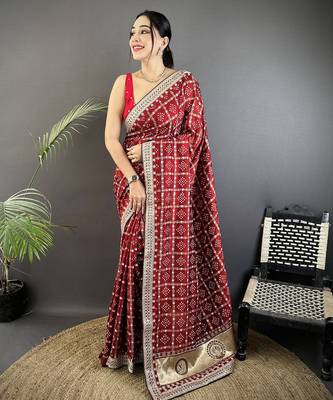 maroon vichitra silk blend bandhej bandhani with stone & sequence work saree 1