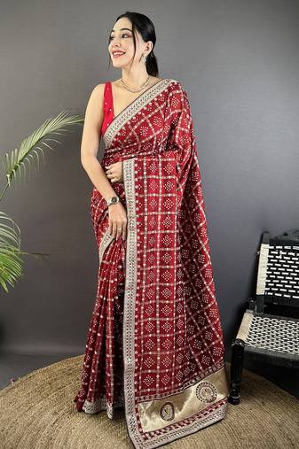 maroon vichitra silk blend bandhej bandhani with stone & sequence work saree