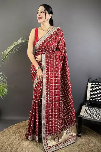 maroon vichitra silk blend bandhej bandhani with stone & sequence work saree