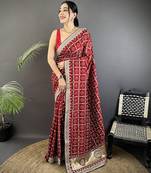 maroon vichitra silk blend bandhej bandhani with stone & sequence work saree