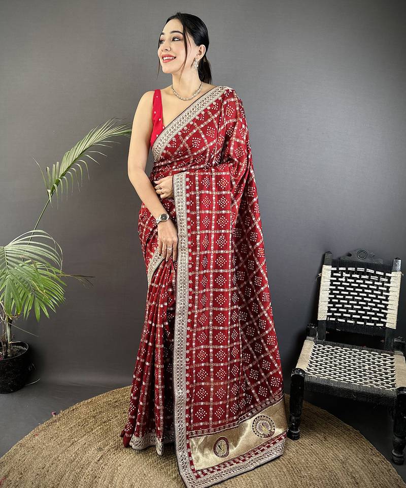 maroon vichitra silk blend bandhej bandhani with stone & sequence work saree