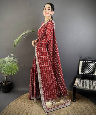 maroon vichitra silk blend bandhej bandhani with stone & sequence work saree 2