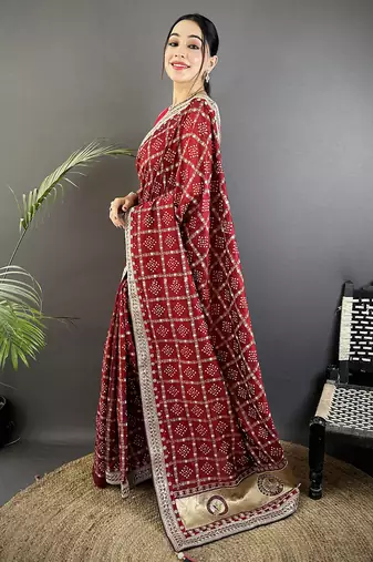 maroon vichitra silk blend bandhej bandhani with stone & sequence work saree