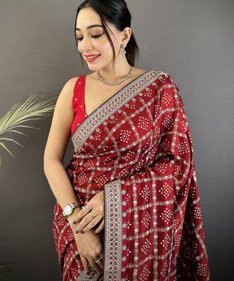 maroon vichitra silk blend bandhej bandhani with stone & sequence work saree 3