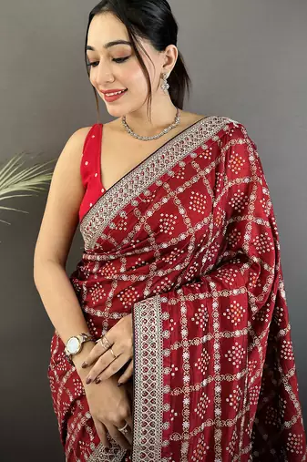 maroon vichitra silk blend bandhej bandhani with stone & sequence work saree