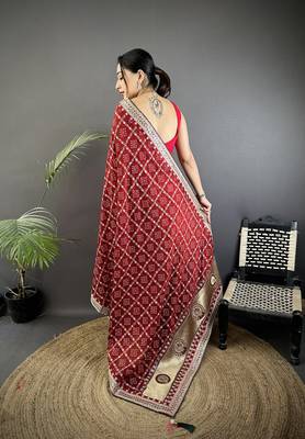 maroon vichitra silk blend bandhej bandhani with stone & sequence work saree 4