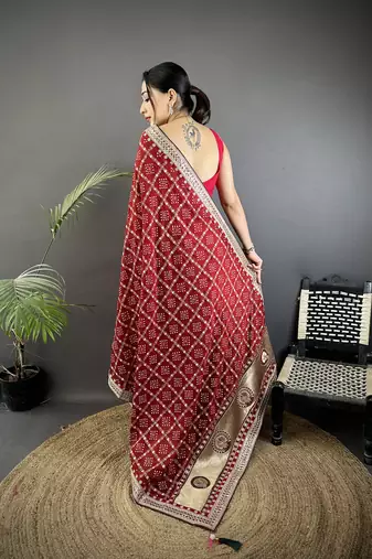 maroon vichitra silk blend bandhej bandhani with stone & sequence work saree