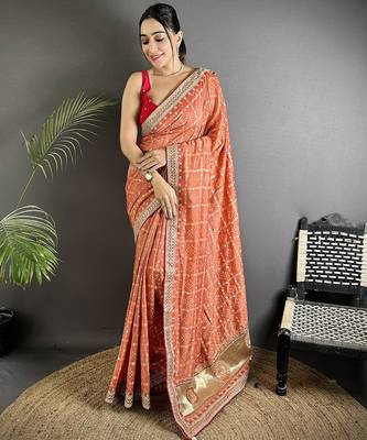 peach vichitra silk blend bandhej bandhani with stone & sequence work saree 1
