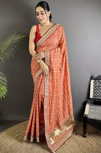 peach vichitra silk blend bandhej bandhani with stone & sequence work saree
