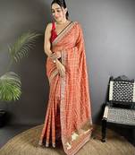 peach vichitra silk blend bandhej bandhani with stone & sequence work saree