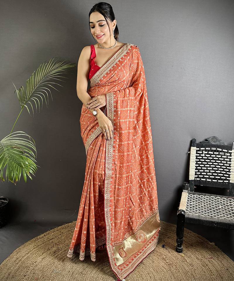 peach vichitra silk blend bandhej bandhani with stone & sequence work saree