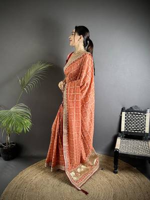 peach vichitra silk blend bandhej bandhani with stone & sequence work saree 2