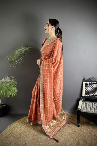 peach vichitra silk blend bandhej bandhani with stone & sequence work saree