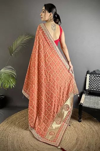 peach vichitra silk blend bandhej bandhani with stone & sequence work saree