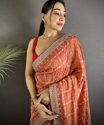 peach vichitra silk blend bandhej bandhani with stone & sequence work saree 4
