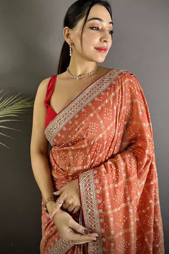 peach vichitra silk blend bandhej bandhani with stone & sequence work saree