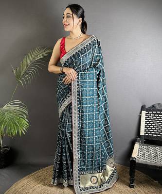 navy blue vichitra silk blend bandhej bandhani with stone & sequence work saree 1