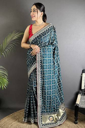 navy blue vichitra silk blend bandhej bandhani with stone & sequence work saree