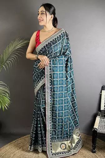 navy blue vichitra silk blend bandhej bandhani with stone & sequence work saree