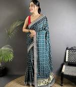 navy blue vichitra silk blend bandhej bandhani with stone & sequence work saree