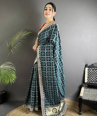 navy blue vichitra silk blend bandhej bandhani with stone & sequence work saree 2