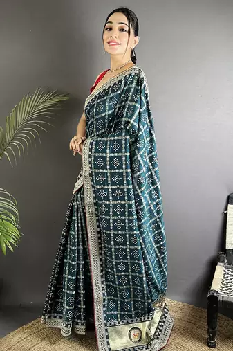 navy blue vichitra silk blend bandhej bandhani with stone & sequence work saree