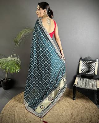 navy blue vichitra silk blend bandhej bandhani with stone & sequence work saree 3