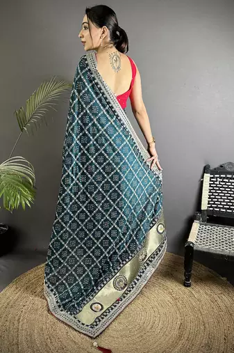 navy blue vichitra silk blend bandhej bandhani with stone & sequence work saree