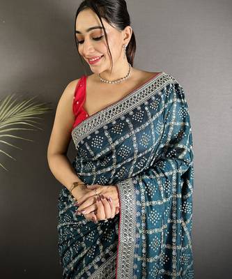 navy blue vichitra silk blend bandhej bandhani with stone & sequence work saree 4