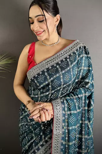 navy blue vichitra silk blend bandhej bandhani with stone & sequence work saree