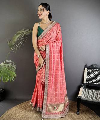 baby pink vichitra silk blend bandhej bandhani with stone & sequence work saree 1