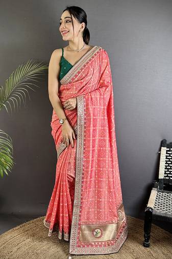 baby pink vichitra silk blend bandhej bandhani with stone & sequence work saree