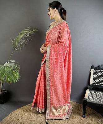 baby pink vichitra silk blend bandhej bandhani with stone & sequence work saree 2