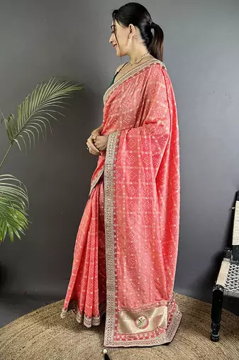 baby pink vichitra silk blend bandhej bandhani with stone & sequence work saree