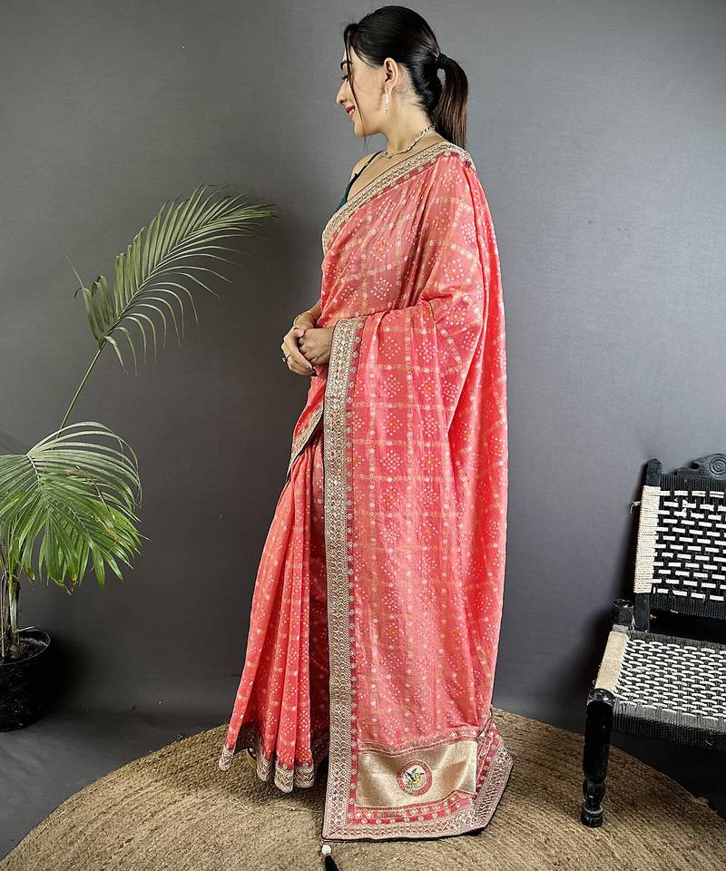 baby pink vichitra silk blend bandhej bandhani with stone & sequence work saree
