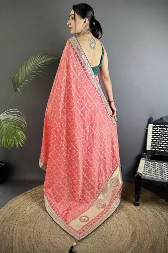 baby pink vichitra silk blend bandhej bandhani with stone & sequence work saree
