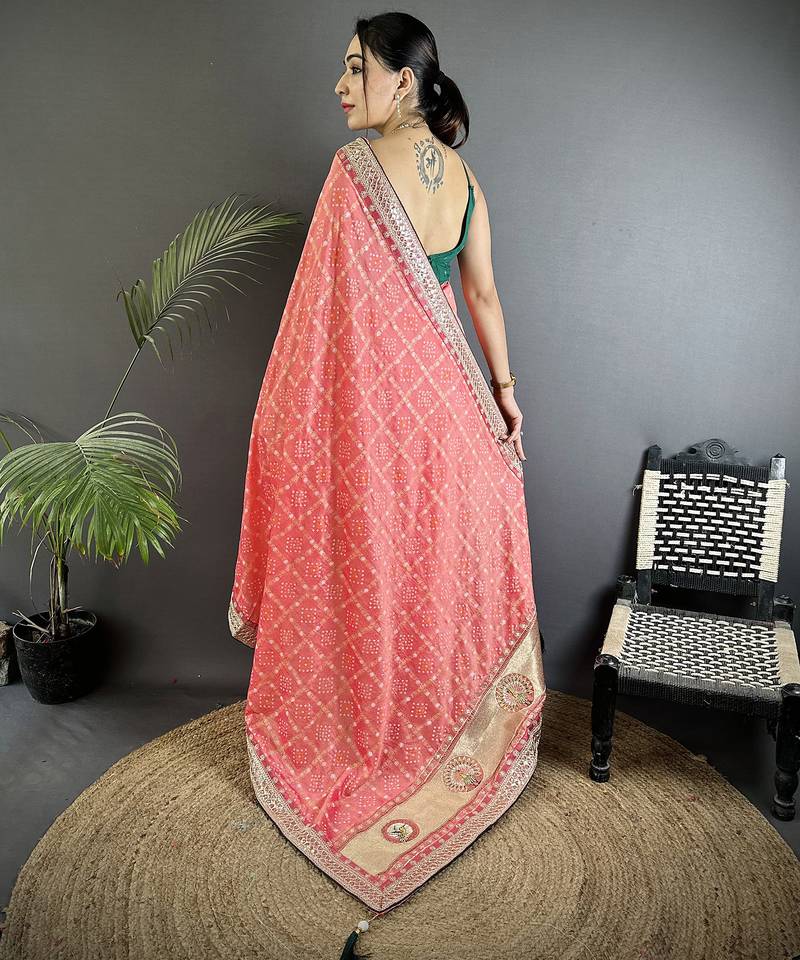 baby pink vichitra silk blend bandhej bandhani with stone & sequence work saree