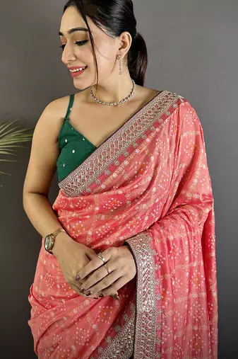 baby pink vichitra silk blend bandhej bandhani with stone & sequence work saree