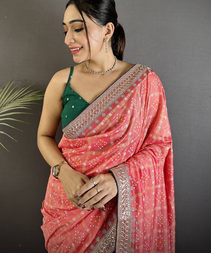baby pink vichitra silk blend bandhej bandhani with stone & sequence work saree