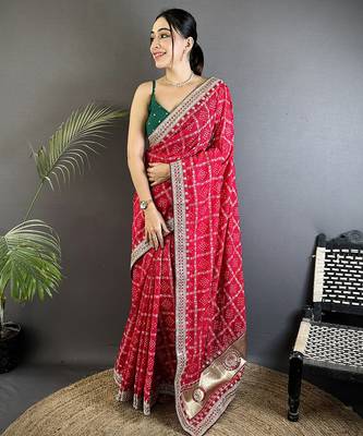 hot pink vichitra silk blend bandhej bandhani with stone & sequence work saree 1