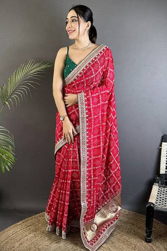 hot pink vichitra silk blend bandhej bandhani with stone & sequence work saree