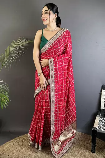 hot pink vichitra silk blend bandhej bandhani with stone & sequence work saree