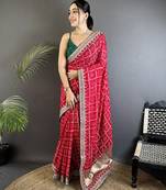 hot pink vichitra silk blend bandhej bandhani with stone & sequence work saree