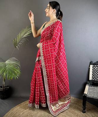 hot pink vichitra silk blend bandhej bandhani with stone & sequence work saree 2