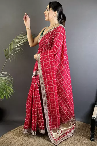 hot pink vichitra silk blend bandhej bandhani with stone & sequence work saree