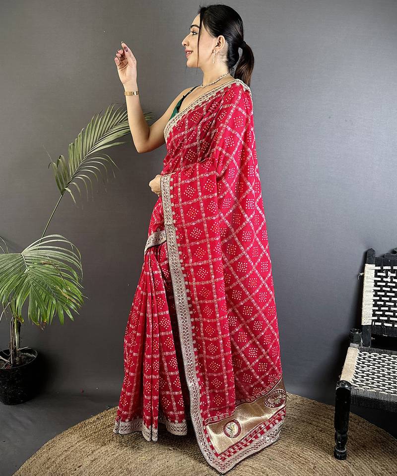 hot pink vichitra silk blend bandhej bandhani with stone & sequence work saree