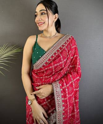 hot pink vichitra silk blend bandhej bandhani with stone & sequence work saree 3