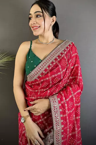 hot pink vichitra silk blend bandhej bandhani with stone & sequence work saree