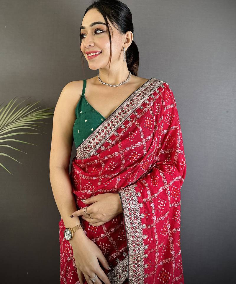 hot pink vichitra silk blend bandhej bandhani with stone & sequence work saree