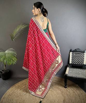 hot pink vichitra silk blend bandhej bandhani with stone & sequence work saree 4